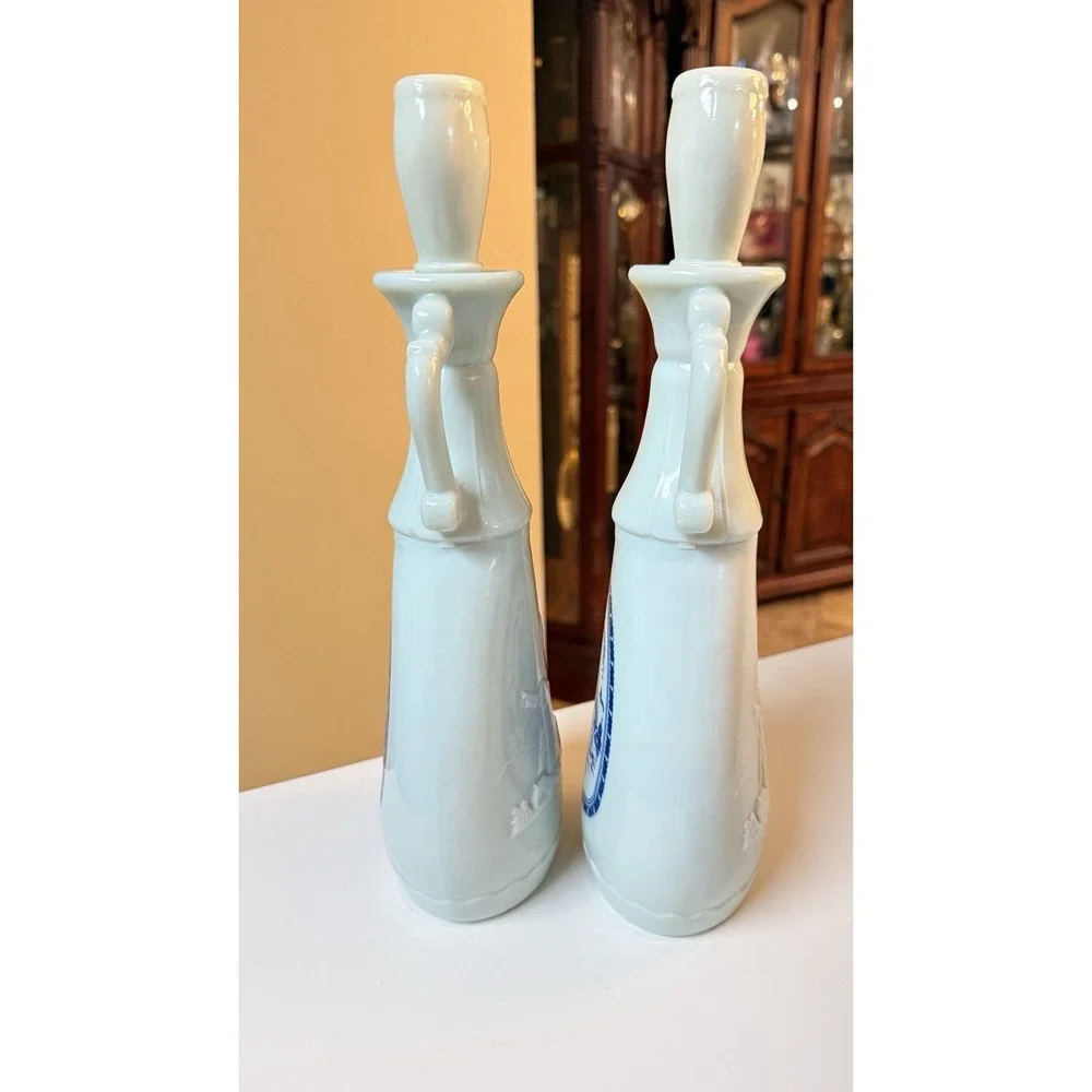 1963 Jim Beam Milk Glass Decanter Set Delft Blue‎ Sailing Ship Bottle Pair Vtg